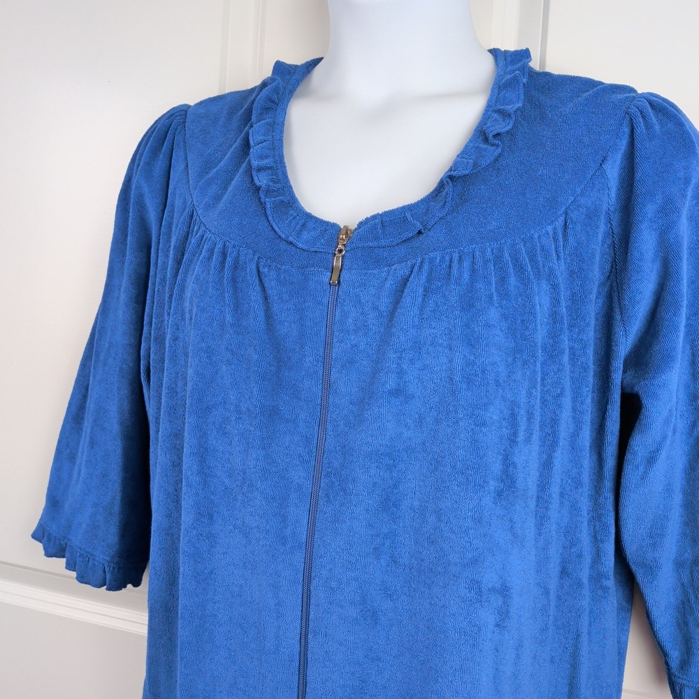 Cuddledown Robe Womens L Blue Pima Cotton Terry Cloth Full Zip Pockets Lounger